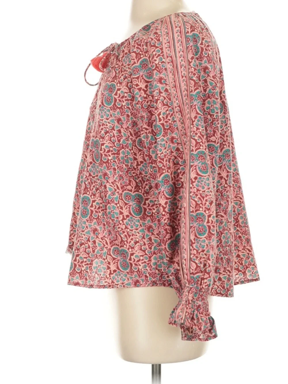 Omika Cotton Linen Long Sleeve Red Block Print Blouse Top Size XS